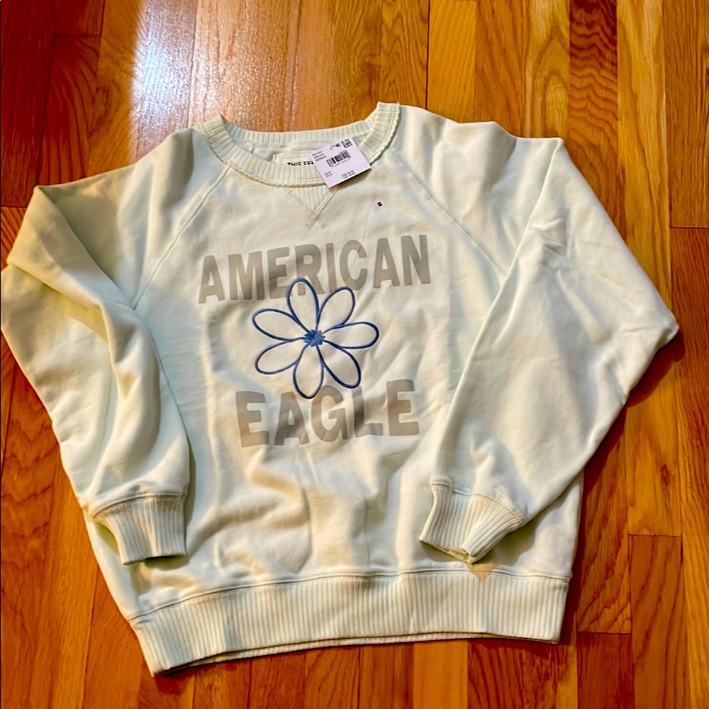 NWT American Eagle Sz. M Sweatshirt - Light Mint Green w/ Embroidered Flower
